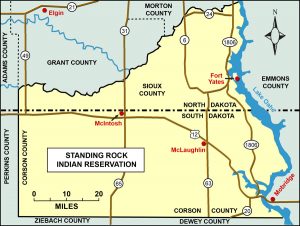 The Standing Rock Reservation, west of Lake Oahe. The DAPL passes 0.5 mile north of the northernmost tip of the reservation.